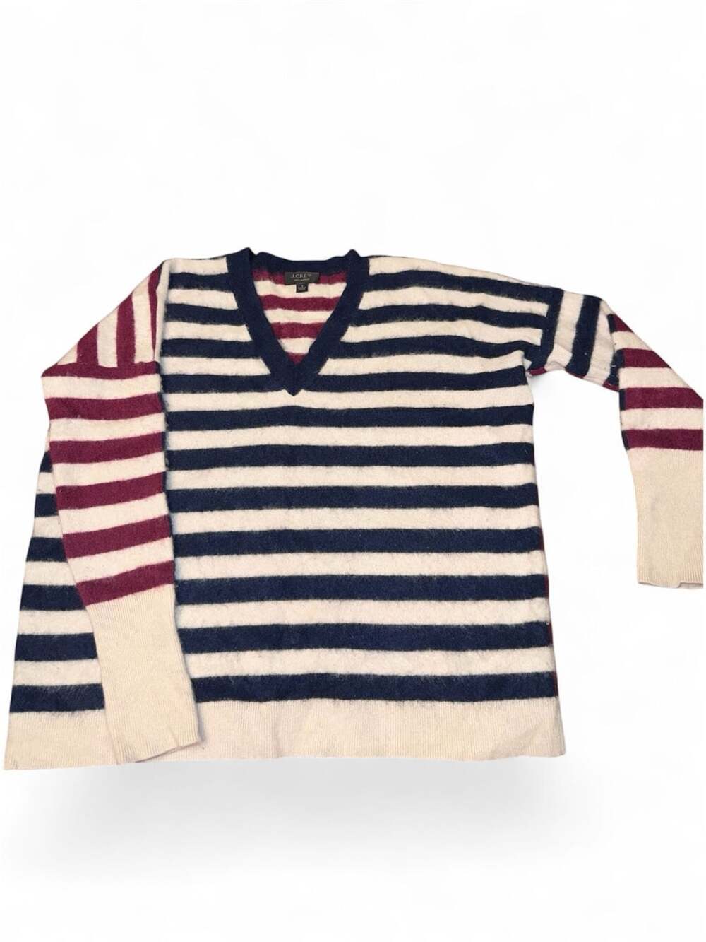 J.Crew Womens S 100% Cashmere Sweater Striped V Neck Navy Burgundy Ivory